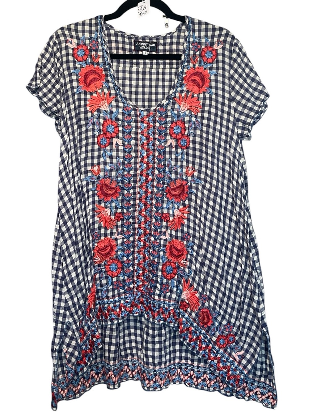 Johnny Was Navy Gingham Tunic with Red and Blue Floral Embroidery